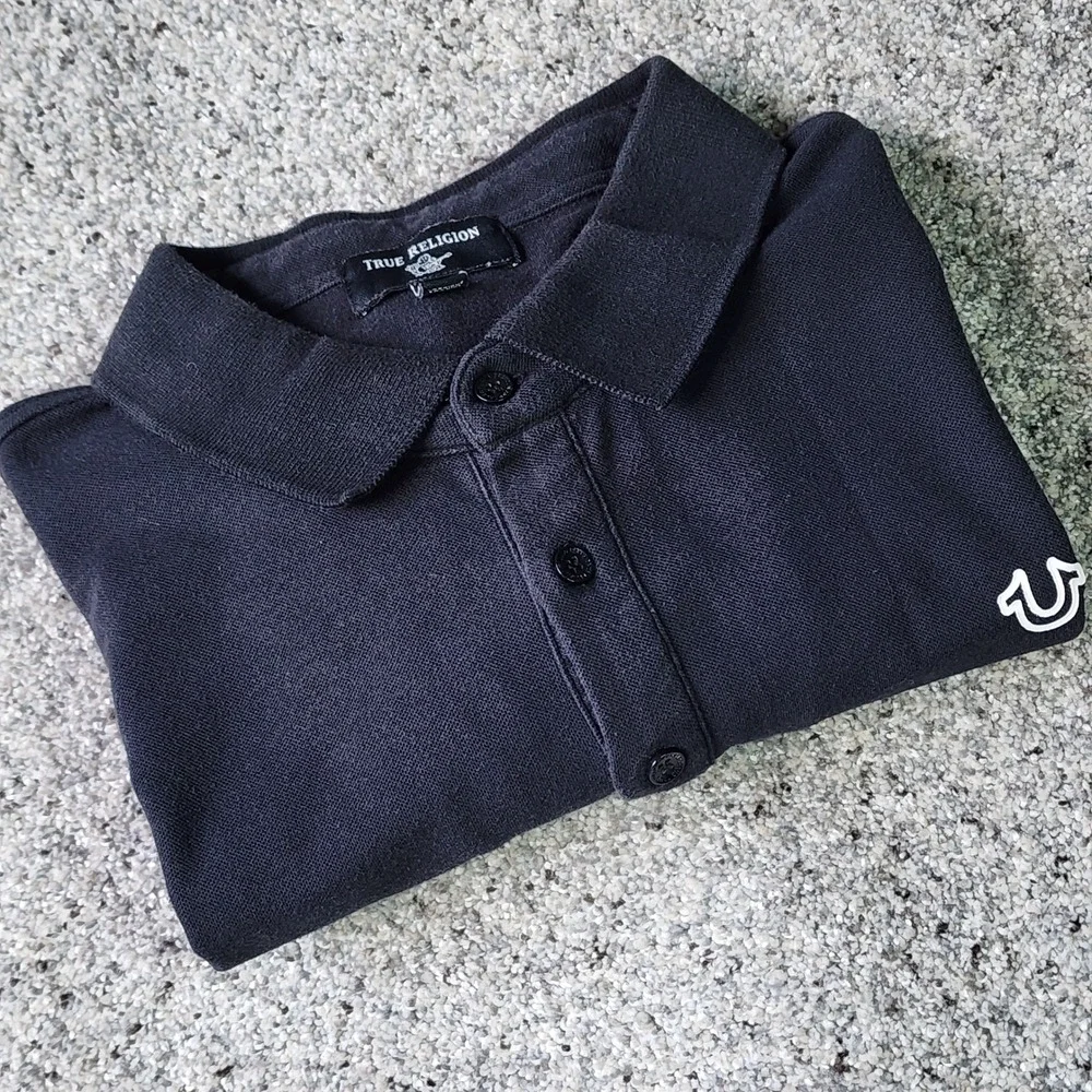 True Religion Polo Shirt Mens Large Black‎ Horseshoe Logo Excellent